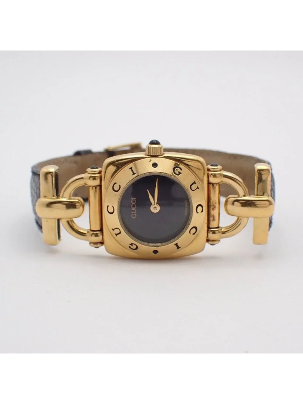 Gucci Quartz Watch Gold Black Dial Leather Strap Pawn